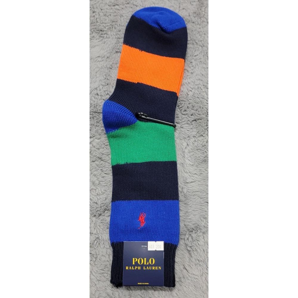 Polo Ralph Lauren Socks Mens 10-13 Blue Green Orange Rugby Stripe Pony Mid Calf